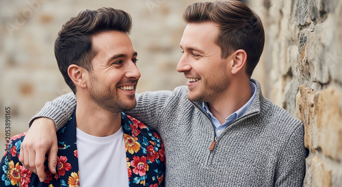 Two smiling men looking at each other outdoors, one with a floral jacket, representing happiness, connection, and relationships