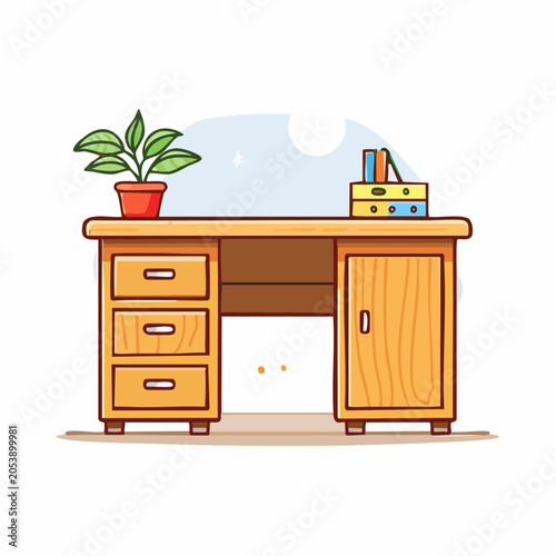 Cartoon Wooden Desk with Plant and Books