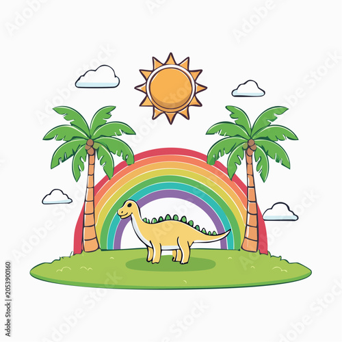 Cute Dinosaur with Rainbow and Palm Trees