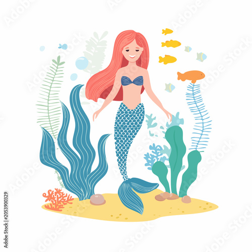 Cute Mermaid Swimming Underwater with Fish and Seaweed