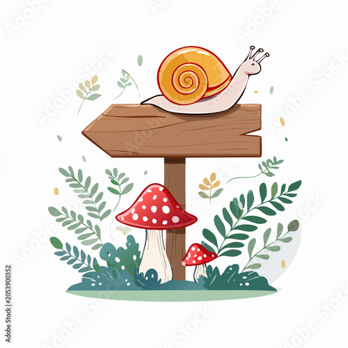 Cute Snail on Wooden Signpost with Mushrooms and Leaves