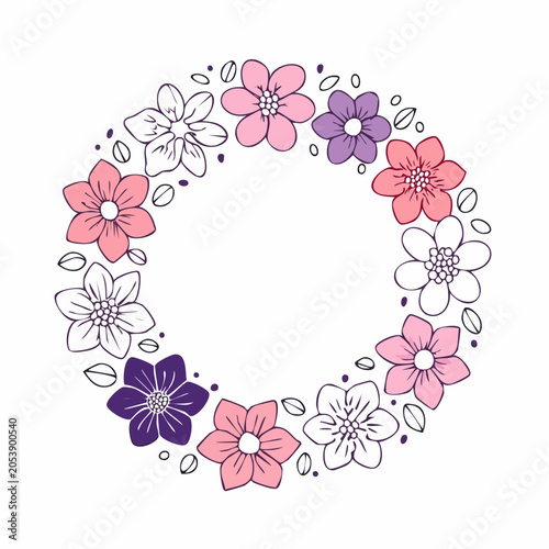 Floral Wreath with Pink, Purple, and Outline Flowers