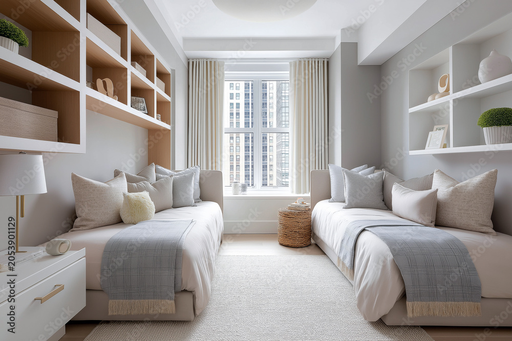 Fototapeta premium Modern shared kids room with two beds, symmetrical layout, neutral palette, smart storage solutions, stylish and functional design
