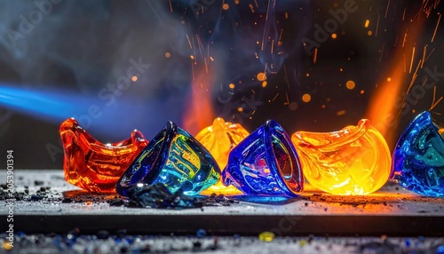 Vibrant molten glass art pieces fused in a glowing kiln with intense heat and sparks
