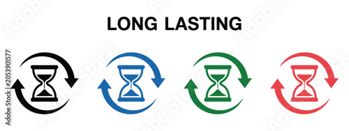 Long Lasting Battery Life Concept with Hourglass Progress Indicators, Energy Saving Symbols, Flat Style Design, and Battery Duration Visualization Graphics.