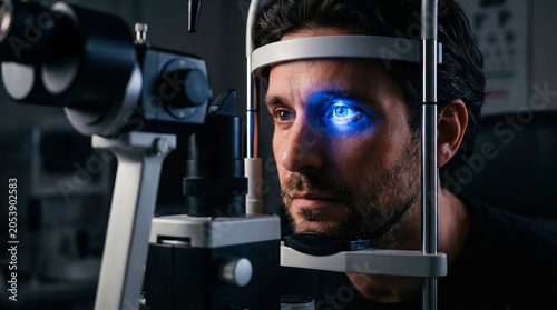 A man sits in an eye doctor's office while a technician uses a machine to check his vision. The light from the device shines into his eye for assessment