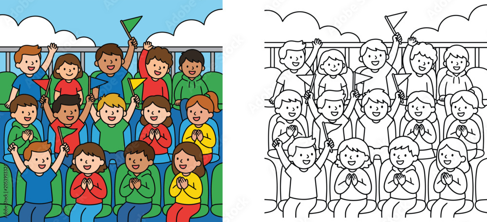 Obraz premium Diverse Group of Happy Children Cheering in Stadium Stands with Flags and Coloring Page Version Vector Illustration