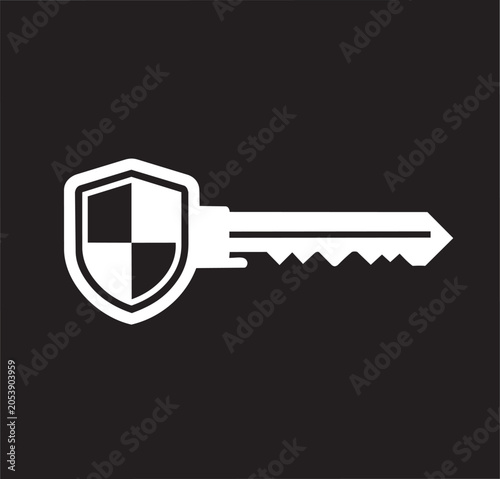 Security key icon with shield emblem as a flat graphic symbol for data protection and access control concepts on transparent background