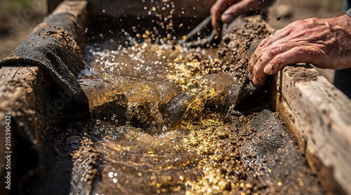 Gold prospector washing river gravel in a wooden sluice box.