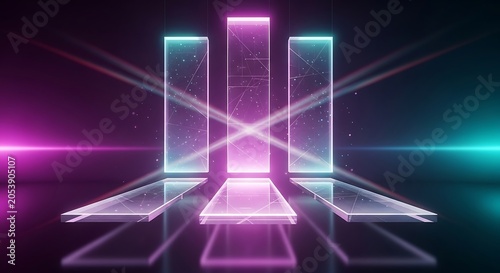 A vibrant digital rendering of a futuristic tunnel framed by glowing geometric structures and bright light beams.