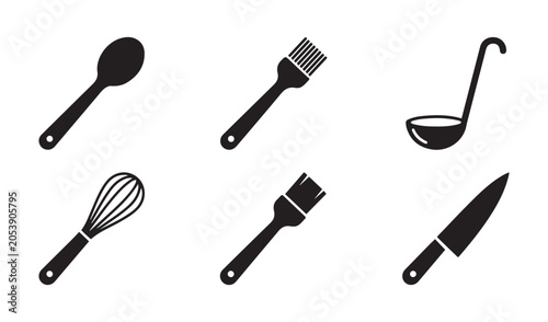 Black kitchen tools icons set including spoon knife whisk spatula and ladle vector cooking illustrations