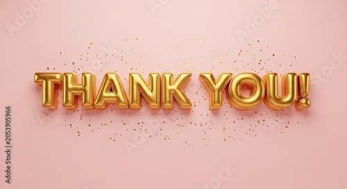 Golden shiny balloon letters spelling Thank You on pink background with confetti