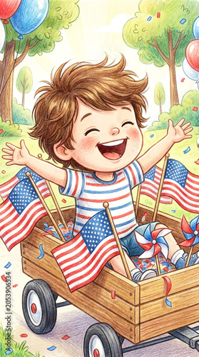 Excited cartoon child riding in a wagon filled with miniature patriotic flags