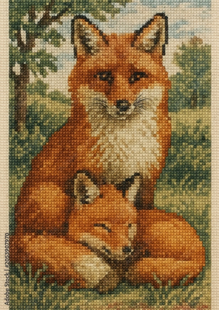 Fototapeta premium Foxes cross-stitch nature art