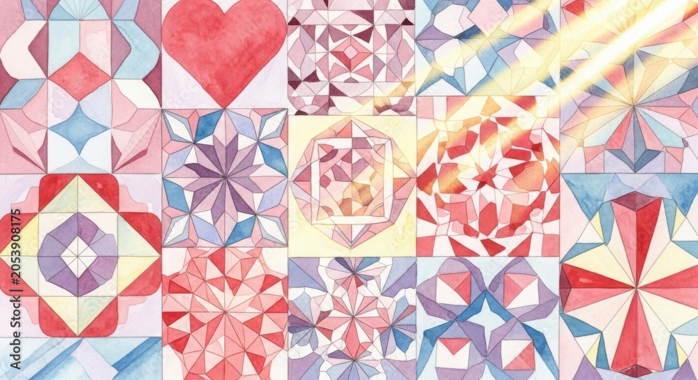 Fototapeta premium Colorful geometric quilt with heart and floral patterns