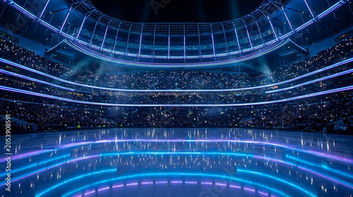 Modern indoor arena with glowing blue neon lights and a large crowd of spectators in the stands, sports or concert event atmosphere.