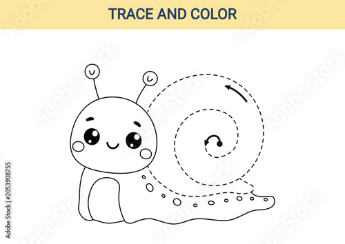 Cute kawaii snail tracing worksheet for preschool kids. Black and white educational activity page for fine motor skills, handwriting preparation, coloring and line tracing practice.