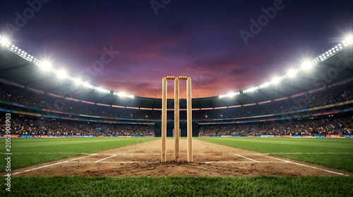 Cricket wickets standing on a pitch inside a large illuminated stadium at sunset