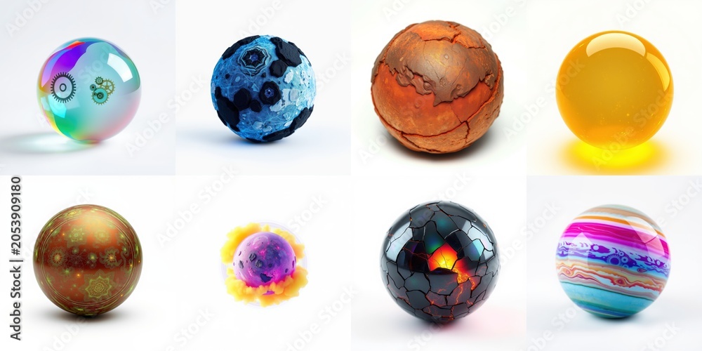 Fototapeta premium Colorful spherical objects resembling planets. Diverse textures, hues present. Bright lighting, white background dominates composition.