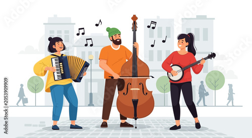 Three musicians playing musical instruments outdoors.