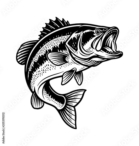 Dynamic illustration of a powerful largemouth bass fish jumping with its mouth wide open in a bold black and white graphic style