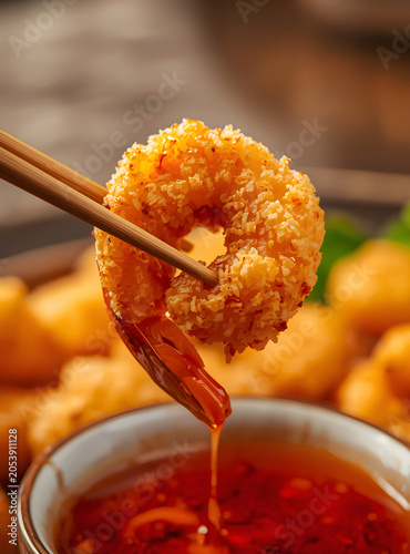 Crispy golden fried shrimp served with red dipping sauce