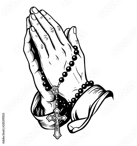Two hands clasped in prayer holding a rosary with a crucifix expressing deep faith and devotion black and white illustration