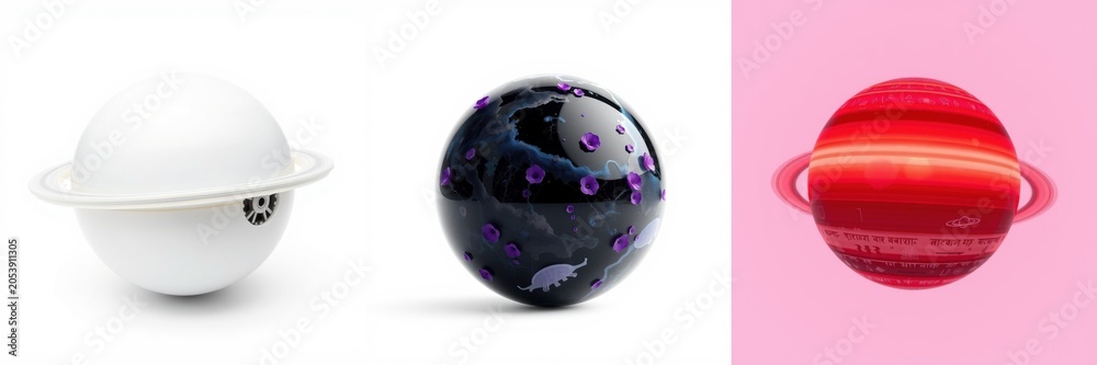 Fototapeta premium Three spherical objects represent planets. White, dark, red surfaces with rings visible. Minimalist style, studio lighting.
