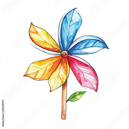 Watercolor illustration of a colorful leaf pinwheel toy.