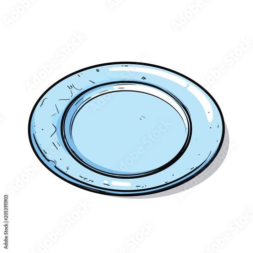 Cartoon hand drawn illustration of an empty blue plate.