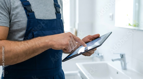 Professional plumber wearing blue work overalls using a tablet to inspect building plans in a modern bathroom