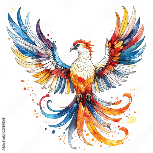 Vibrant Watercolor Phoenix Rising with Spread Wings and Flowing Tail Feathers.