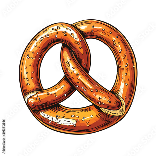 Hand drawn illustration of a delicious salty German pretzel.