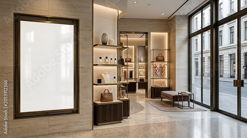 Blank poster mockup in an elegant luxury retail store lobby, ideal for showcasing advertisements and branding in a sophisticated modern environment