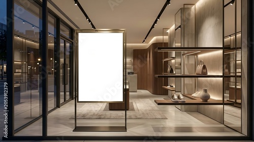 Modern luxury boutique entrance with a blank poster mockup for advertisement. Elegant retail store exterior featuring a pristine display board for your custom design