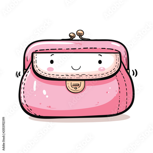Cute cartoon illustration of a happy pink coin purse with a smiling face.