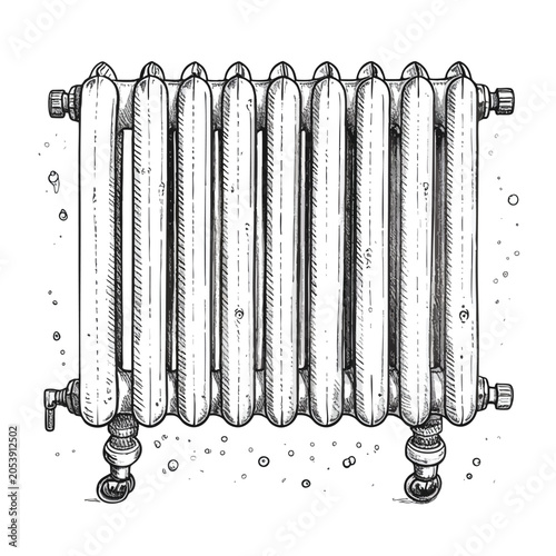 Vintage Cast Iron Radiator Hand Drawn Illustration.