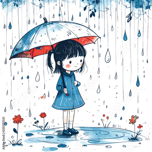 Cute cartoon girl holding an umbrella in the rain.
