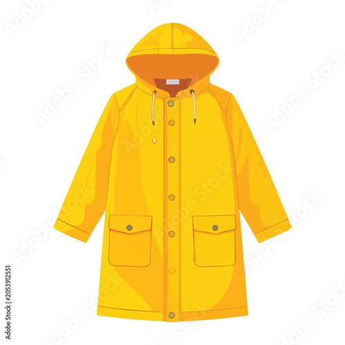 Classic yellow waterproof raincoat with hood and pockets.