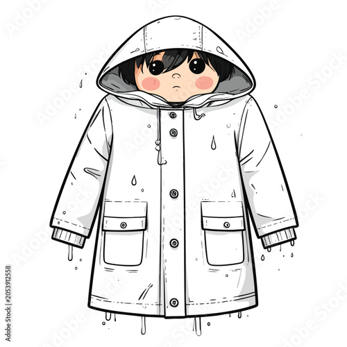 Cute cartoon child wearing a hooded raincoat in the rain.