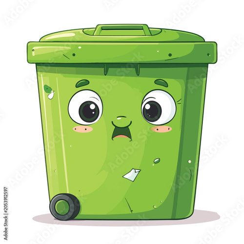 Cute Cartoon Green Trash Can Character with Shocked Expression.