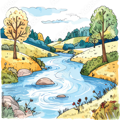 Watercolor Illustration of a Serene Winding River Landscape.