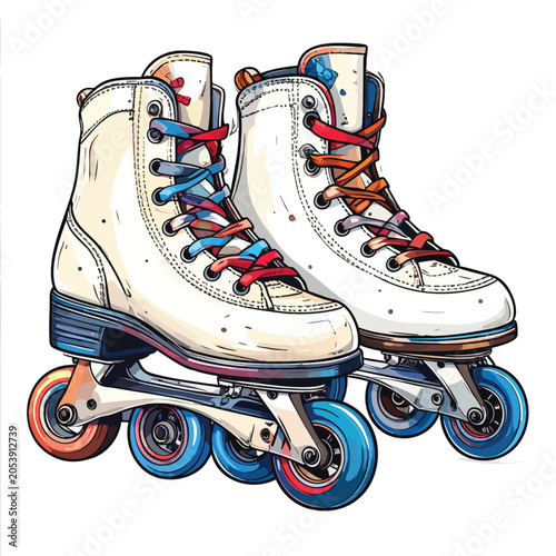 Pair of retro white roller skates with colorful laces and wheels.