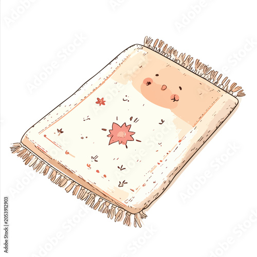 Watercolor illustration of a cozy patterned area rug with tassels.