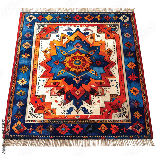 Vibrant Bohemian Area Rug with Intricate Tribal Mandala Pattern.