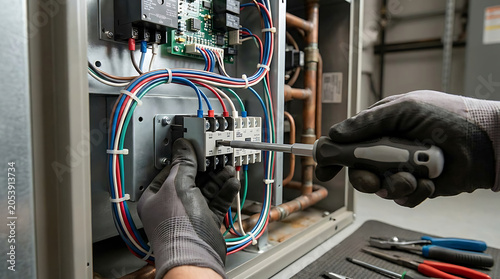 Technician using a screwdriver to repair electrical components inside a heating and cooling system unit