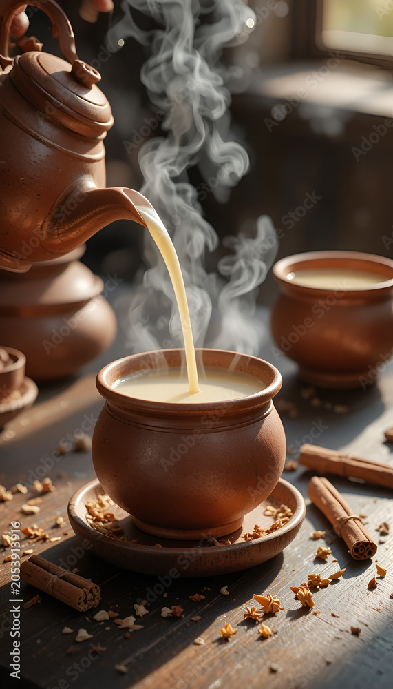 Fototapeta premium Stock photo of aromatic traditional south asian chai with cinnamon sticks and rising steam in cozy kitchen