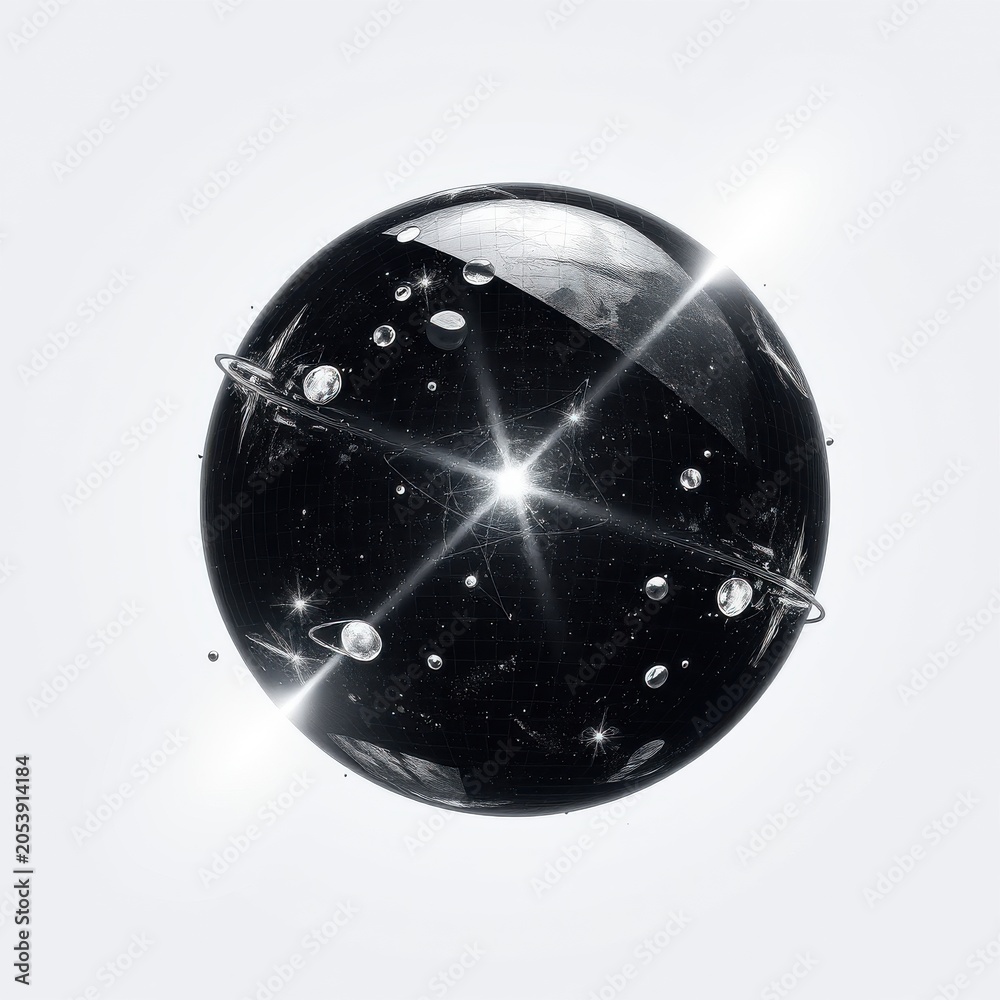 Fototapeta premium Orb reflects cosmos. Stars, planets, rings visible within glossy sphere. Bright light emanates from center, creating dramatic effect.