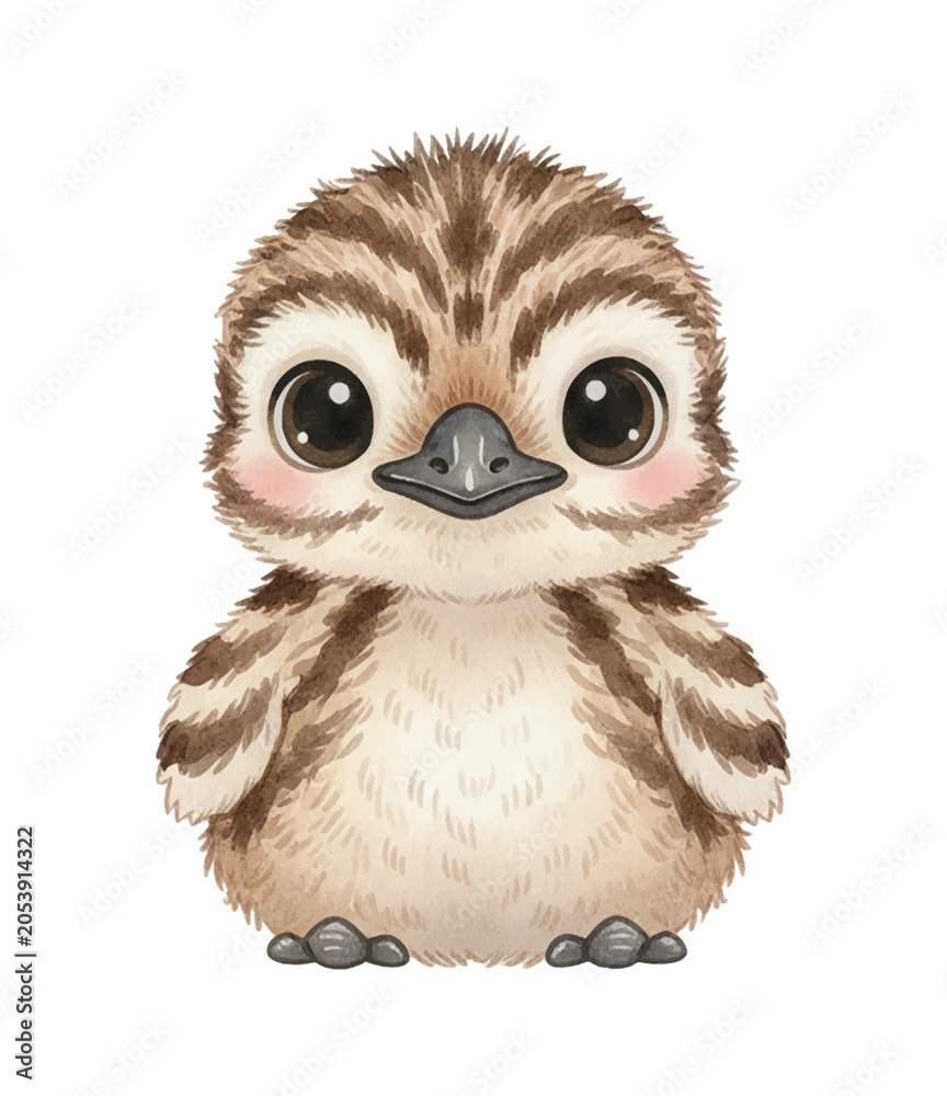Fototapeta premium Adorable baby bird watercolor illustration with big innocent eyes and striped brown feathers