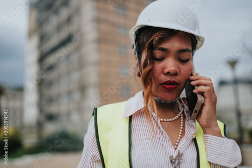 A female construction worker wearing a hard hat and high-visibility vest talks on her phone. The worker stands outdoors at a city construction site while making a phone call.